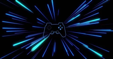 Image of image game pad with neon light trails on black background イラスト素材