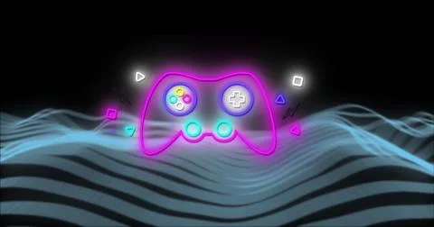 Image of image game pad over neon pattern background Stock Photos