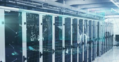 Image of image of globe and data processing over computer servers Stockfoto's