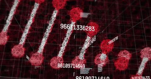 Image of increasing numbers over dna chain on black background 写真素材