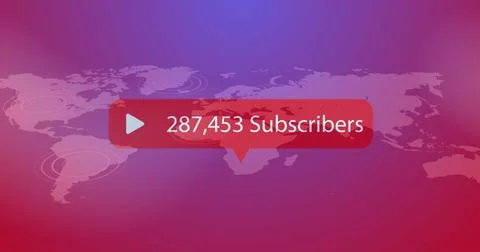 Image of increasing subscribers on speech bubble over world map on purple Ilustração Stock