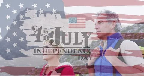 Image of independence day text over senior caucasian couple looking away with Fotos Stock