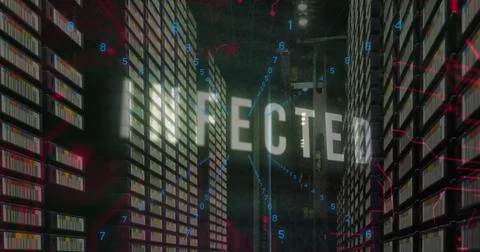 Image of infected text and data processing over computer servers Stock Photos