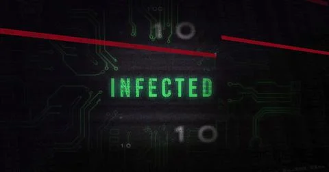 Image of infected text and digital data processing over black background Illustrazione stock