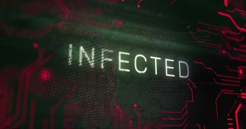 Image of infected text and digital data processing over black background Illustrazione stock