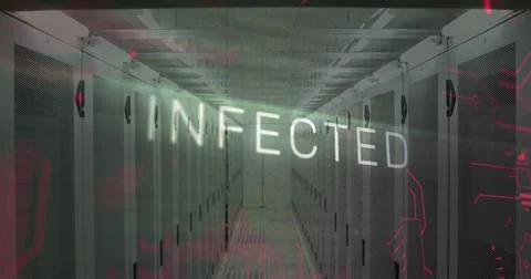 Image of infected text over data processing and server room 스톡 일러스트