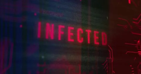 Image of infected text over data processing and server room Stockillustratie