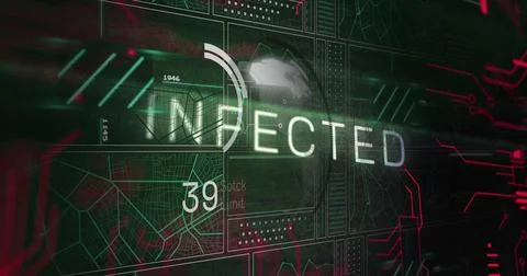 Image of infected text over globe and processing data on black interface screen Illustrazione stock