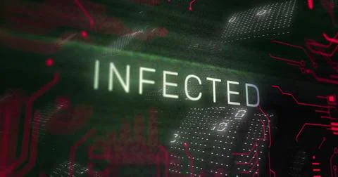 Image of infected text over scanner and processing data on black interface Stock Illustration