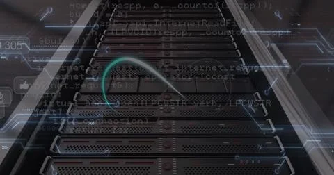 Image of infinity loop over data processing and computer motherboard and servers Stock Photos