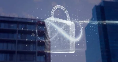 Image of infinity sign and padlock with data processing over cityscape 写真素材