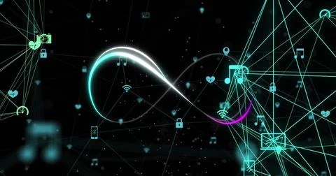 Image of infinity symbol over connected icons forming globes against black Stock Illustration