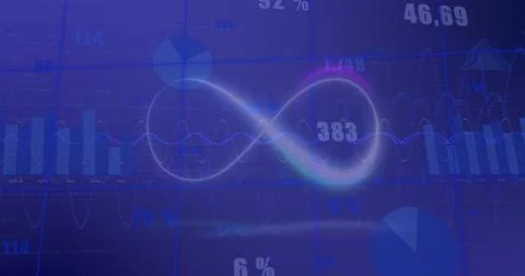 Image of infinity symbol over multiple graphs and changing numbers on abstract 写真素材