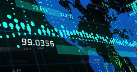 Image of inflation text in blue over graph, world map and processing data Ilustração Stock