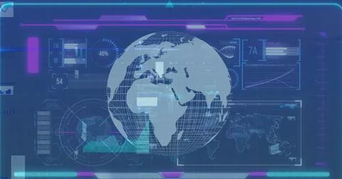 Image of infographic data with graphs, globe processing on digital interface Foto stock