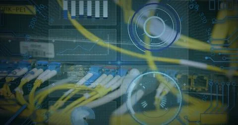 Image of infographic data, graphs, hud processing on digital interface against 스톡 사진