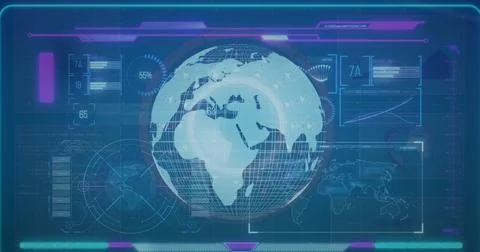 Image of infographic data processing with globe rotating on digital interface Foto stock