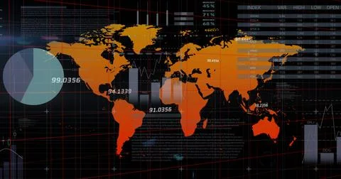 Image of infographic interface and gradient map against black background Foto stock