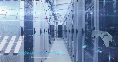 Image of infographic interface and lens flare over server room in background Stock Photos