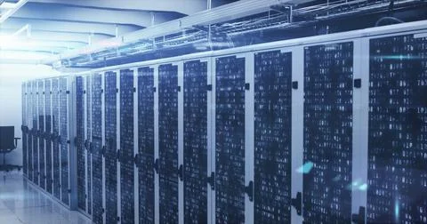 Image of infographic interface and lens flare over server room in background Stock Photos