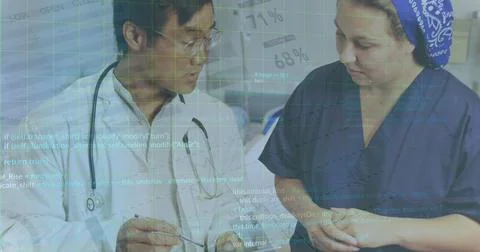 Image of infographic interface, computer language, diverse doctors and nurse Stock Photos