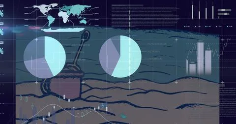 Image of infographic interface with database over sand pail and shovel at bea Stock Photos