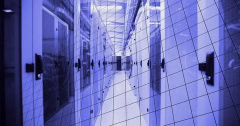 Image of infographic interface, equations, rainbow, flying lens flare on server Stock Photos