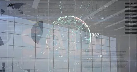 Image of infographic interface, globe with numbers, sale text over glass window Stock Photos