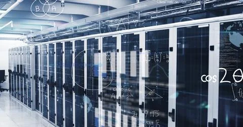 Image of infographic interface, mathematical equations and lens flare over Stock Photos