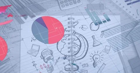 Image of infographic interface over book with doodles and stationery on table Fotos Stock