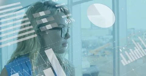 Image of infographic interface over caucasian woman looking through glass window Stock Photos