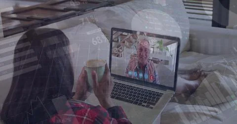 Image of infographic interface over caucasian woman image calling with senior Stock Photos