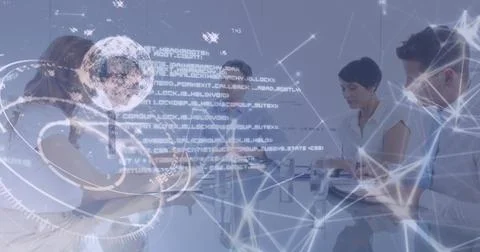 Image of infographic interface over caucasian manager discussing with coworkers Stock Photos