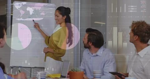 Image of infographic interface over diverse female explaining reports on Stock Photos