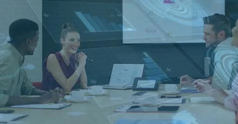 Image of infographic interface over diverse colleagues discussing ideas and Stock Photos