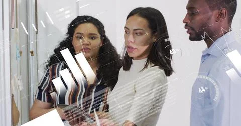 Image of infographic interface over diverse coworkers discussing strategy on Foto stock