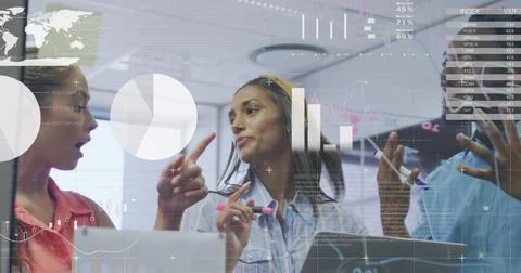 Image of infographic interface over diverse coworkers discussing strategy on Stock Photos