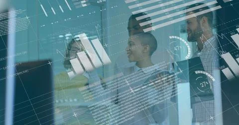 Image of infographic interface over diverse coworkers planning strategy on Stock Photos