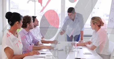 Image of infographic interface over diverse angry manager shouting and gesturing Photos
