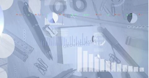 Image of infographic interface over group classes text on sticky notes and Stock Photos