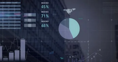 Image of infographic interface over low angle view of modern building against Ilustración de archivo