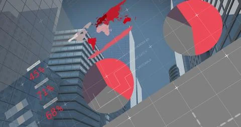 Image of infographic interface over low angle view of modern buildings against Ilustración de archivo