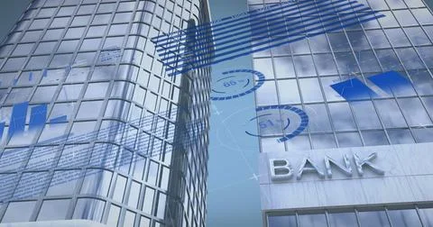 Image of infographic interface over low angle view of bank text on modern Stock Illustration