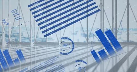 Image of infographic interface over modern buildings through glass window of Stock Illustration