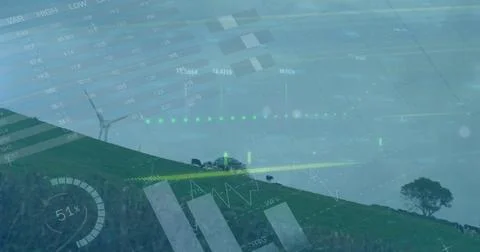 Image of infographic interface over windmills on green hill against clear sky Stock Photos