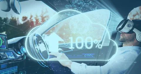 Image of information displays and cloud icon with man in vr headset using self Stock Photos