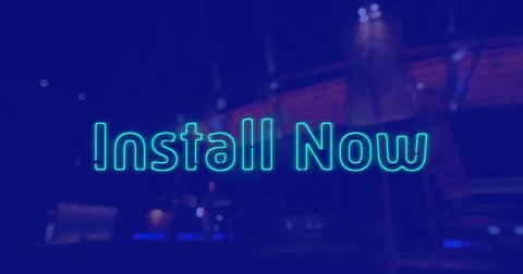 Image of install now text over cityscape at night on blue background Ilustração Stock