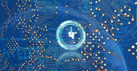 Image of integrated circuit and clock with counting over globe and blue イラスト素材
