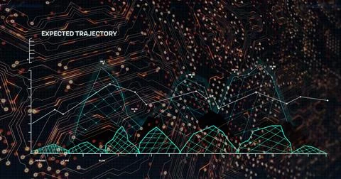 Image of integrated circuit and graphs on black background Stock Illustration