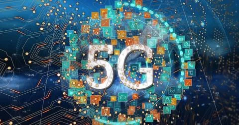 Image of integrated circuit and tech icons over globe with icons, 5g and navy Stock Illustration